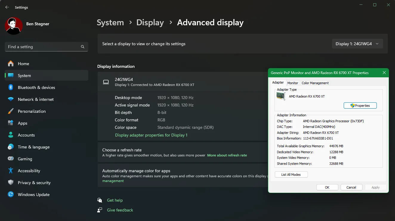 Màn hình cài đặt hiển thị thông tin VRAM trên Windows 11