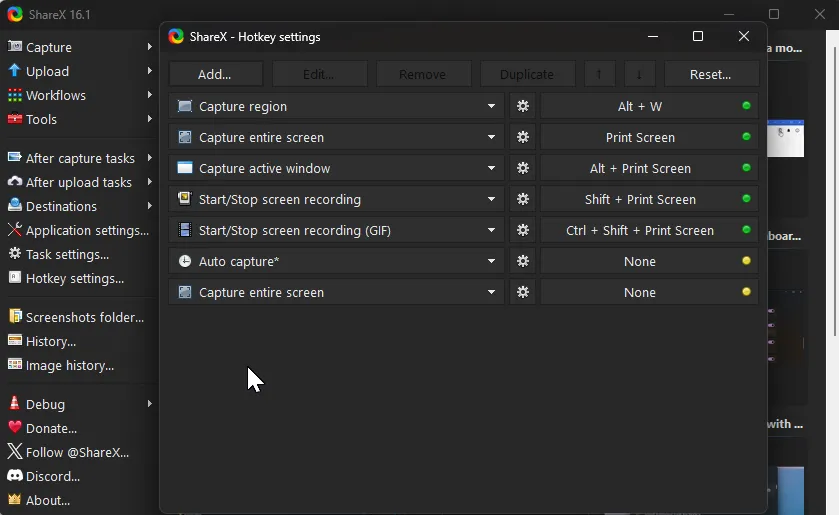 Màn hình cài đặt phím tắt (Hotkey settings) của ShareX trên Windows 11