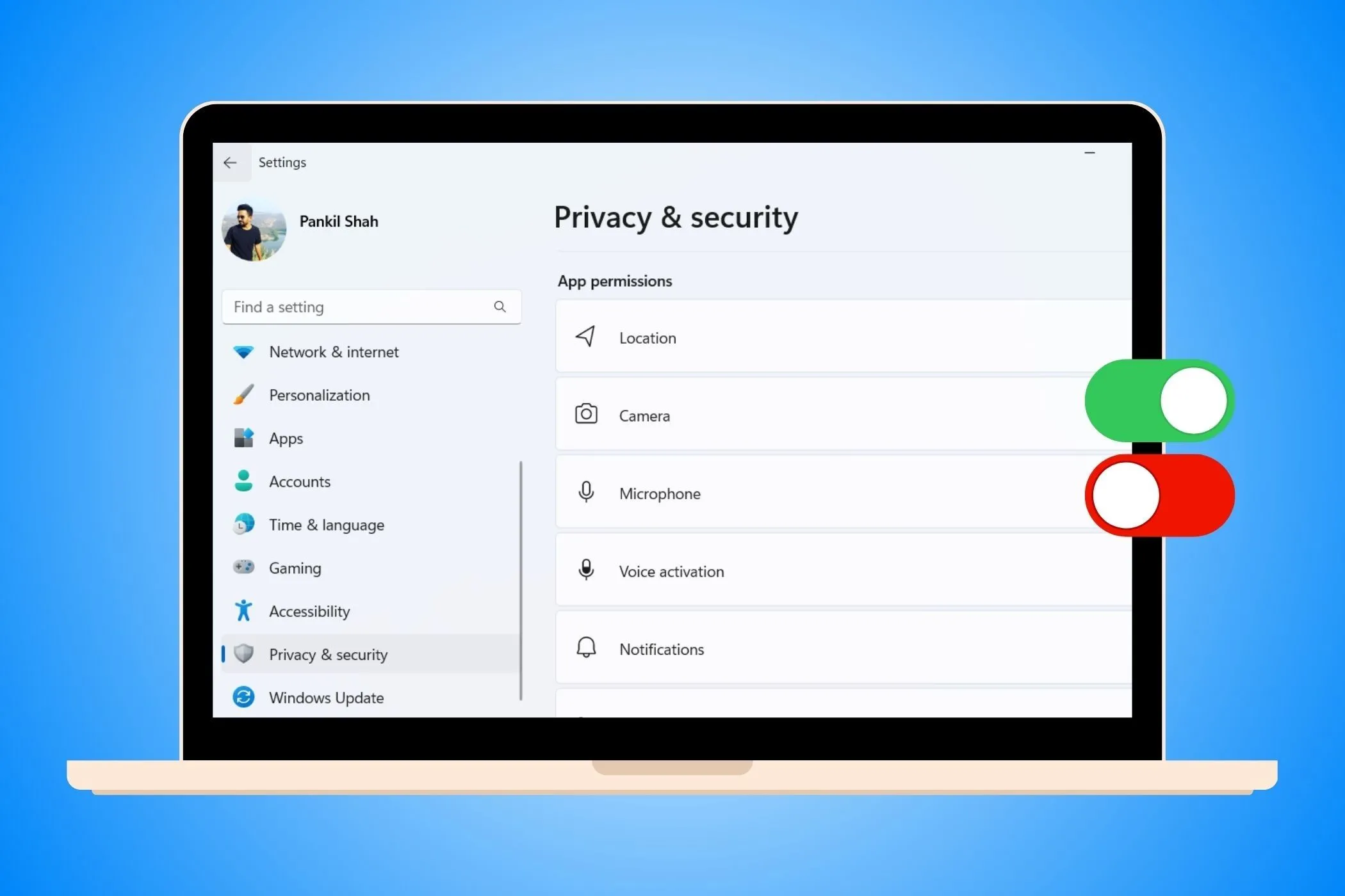 Màn hình cài đặt quyền riêng tư và bảo mật của Windows với các tùy chọn bật/tắt để quản lý dữ liệu cá nhân