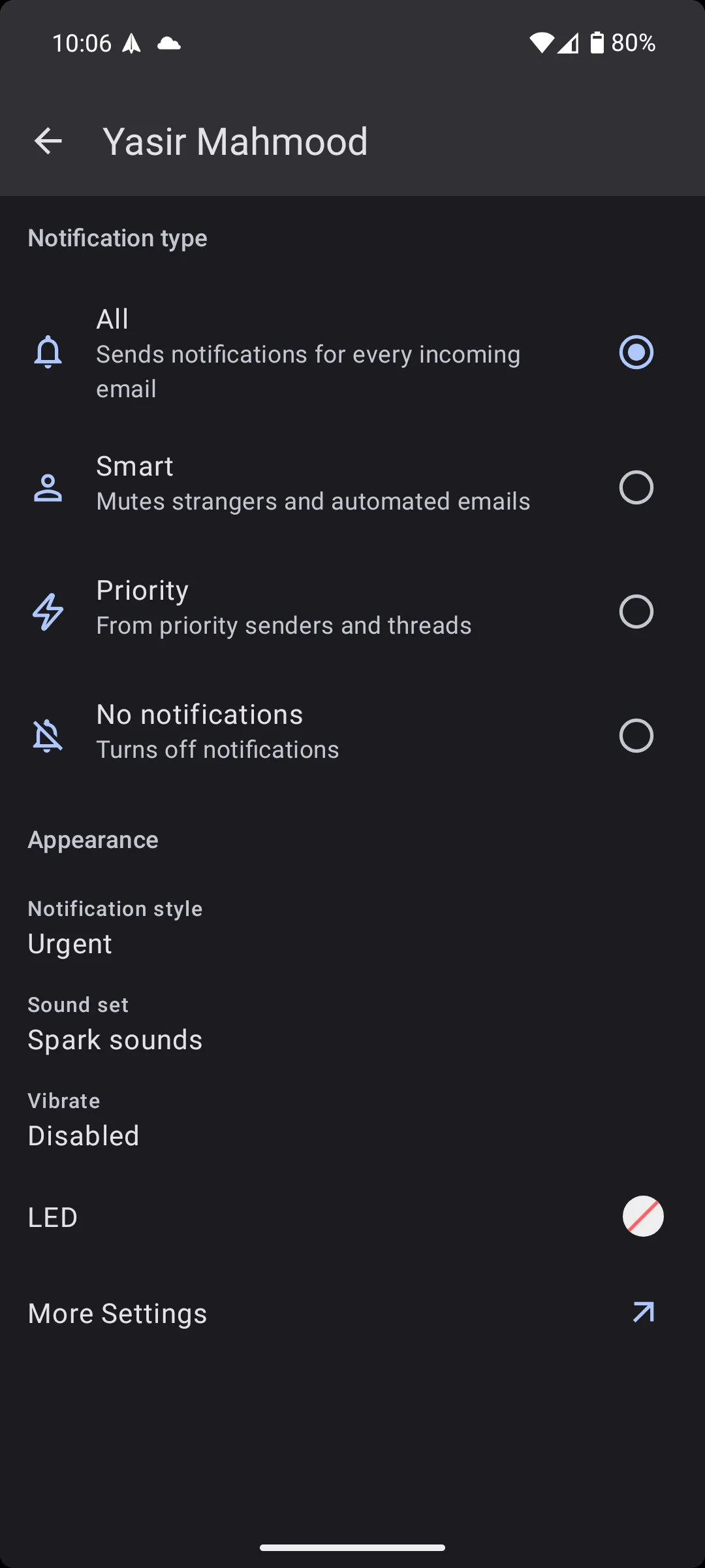 Màn hình cài đặt thông báo trong ứng dụng Spark Mail trên Android, cho phép người dùng tùy chỉnh thông báo thông minh