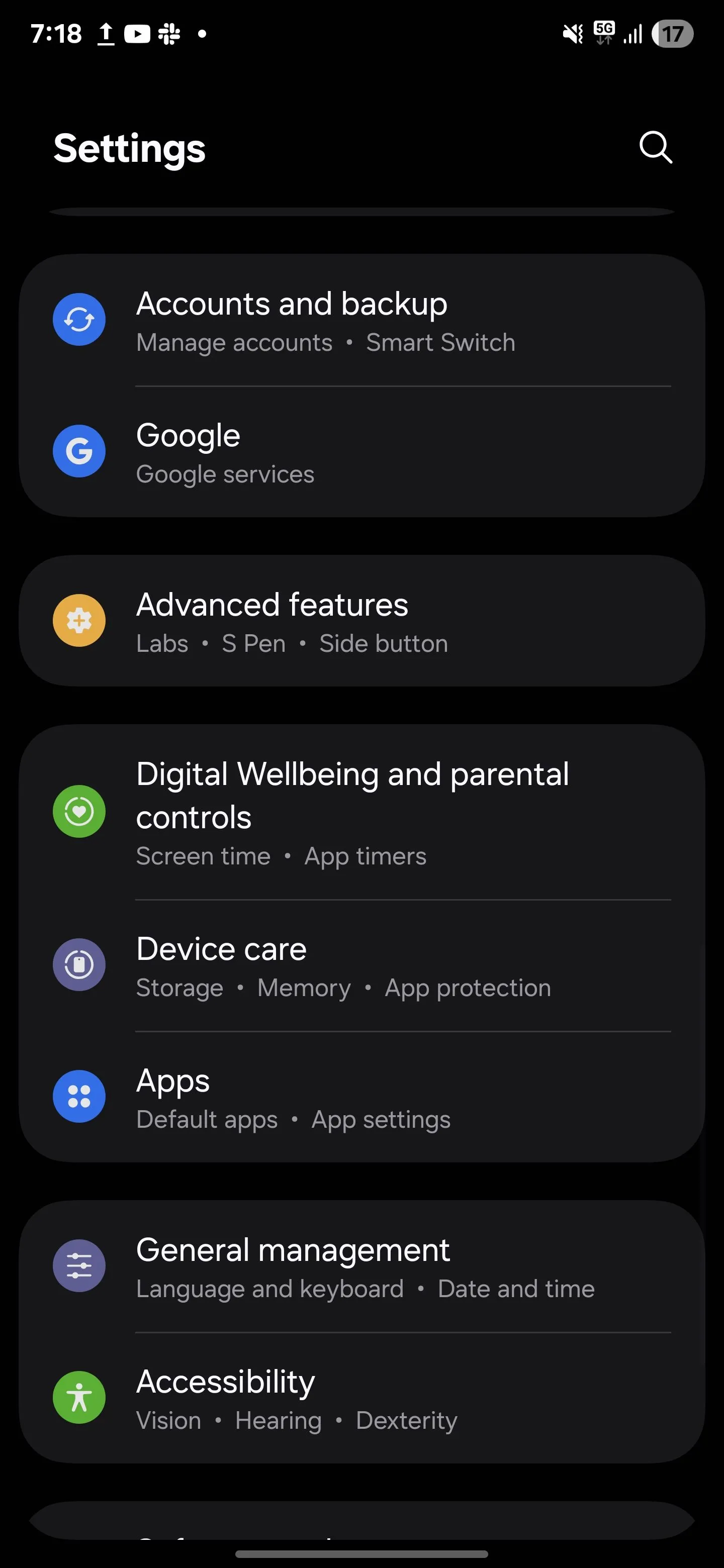 Màn hình cài đặt tính năng nâng cao trên điện thoại Samsung, chứa các tùy chọn tùy chỉnh hữu ích.