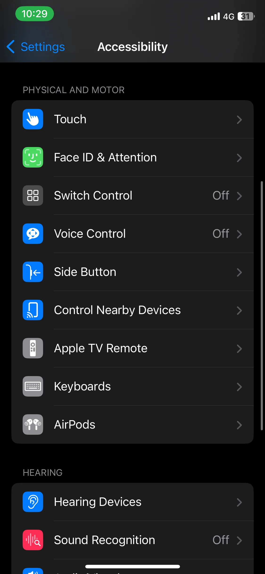 Màn hình Cài đặt Trợ năng (Accessibility) trong ứng dụng Cài đặt iOS.