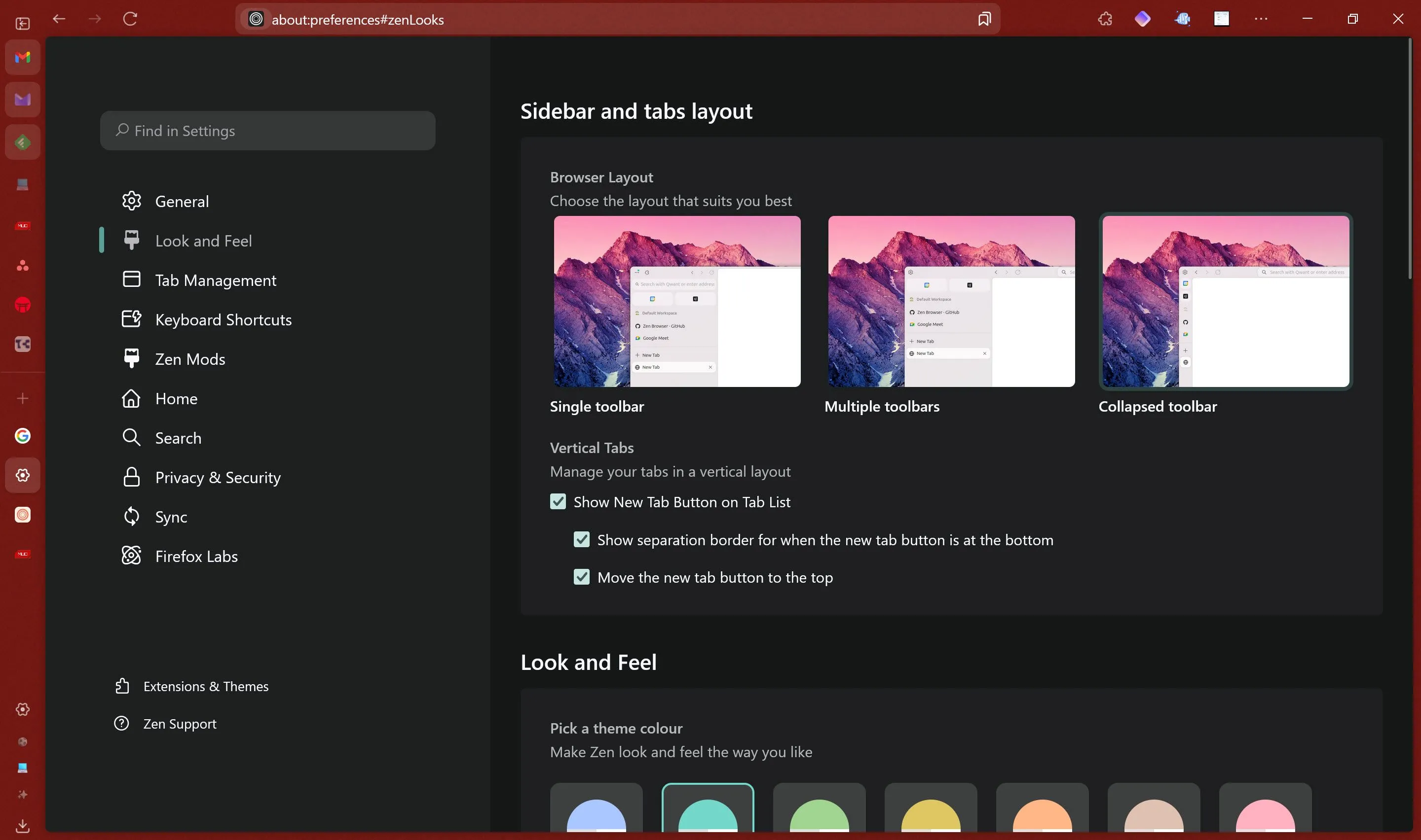 Màn hình cài đặt tùy chỉnh của Zen Browser, cho phép người dùng cá nhân hóa sâu rộng giao diện và tính năng.