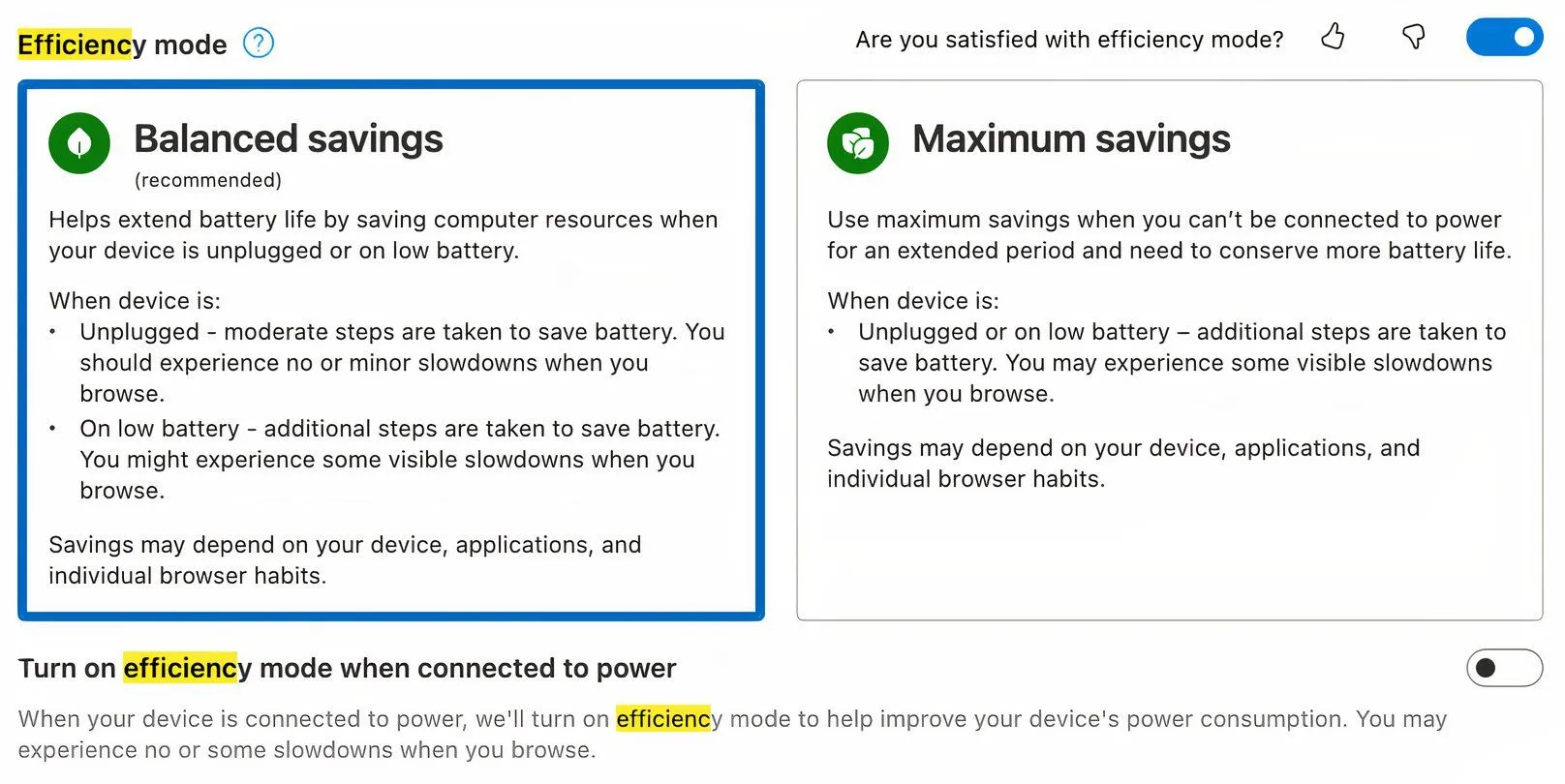 Màn hình cài đặt và kích hoạt Chế độ Hiệu suất trong Microsoft Edge
