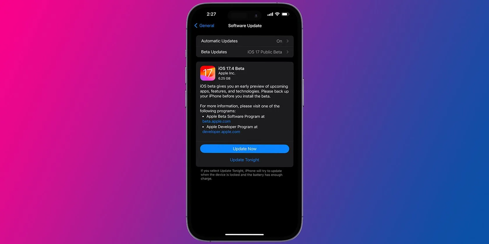 Màn hình cập nhật phần mềm iOS 17.4 trên iPhone