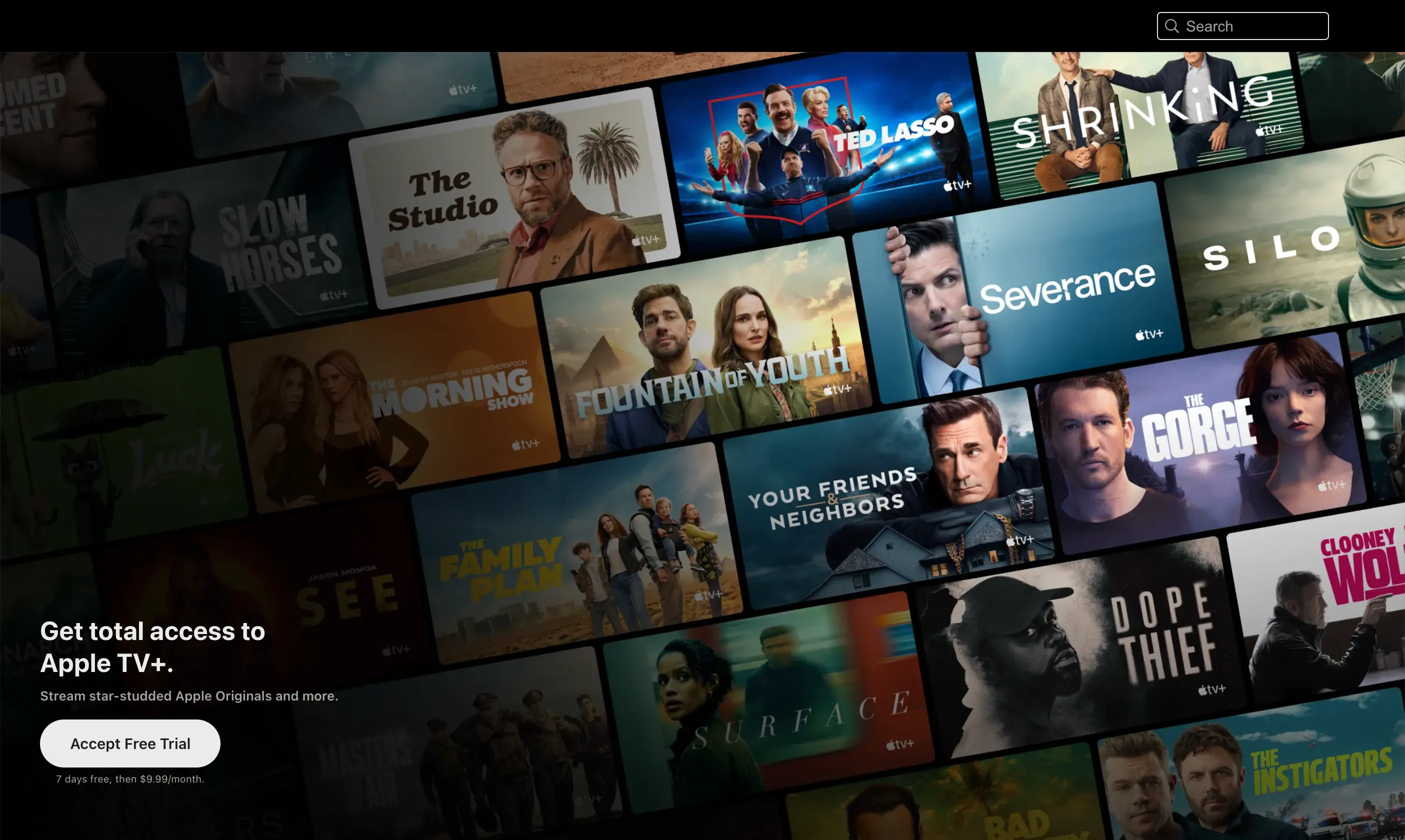 Màn hình chính Apple TV+ giới thiệu các bộ phim và series gốc chất lượng cao của Apple.