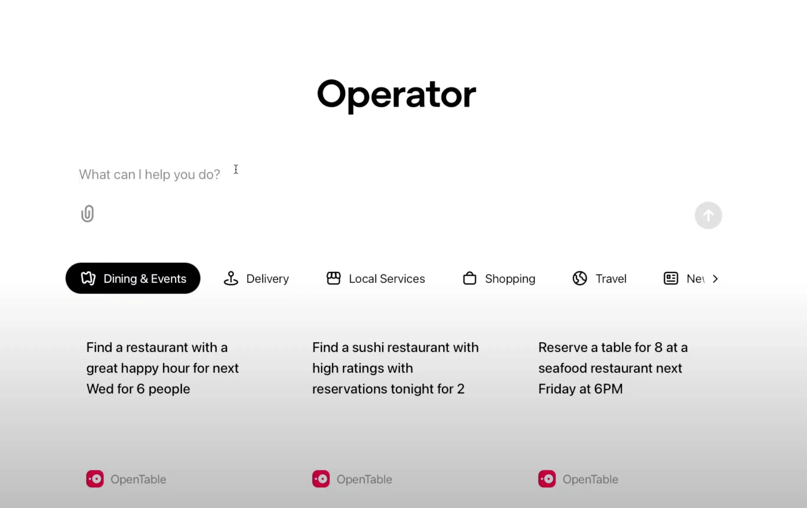 Màn hình chính của ChatGPT Operator, cho thấy giao diện người dùng của một loại tác nhân AI hiện đại