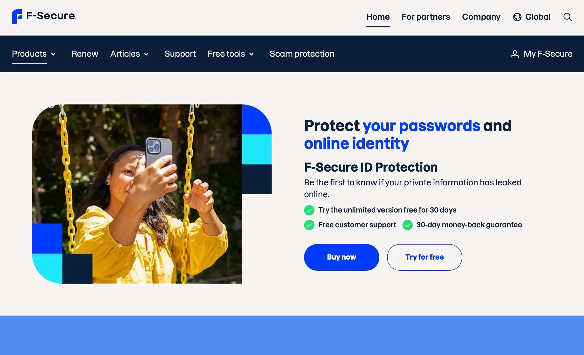 Màn hình chính của dịch vụ F-Secure ID Protection, hiển thị giao diện giám sát danh tính