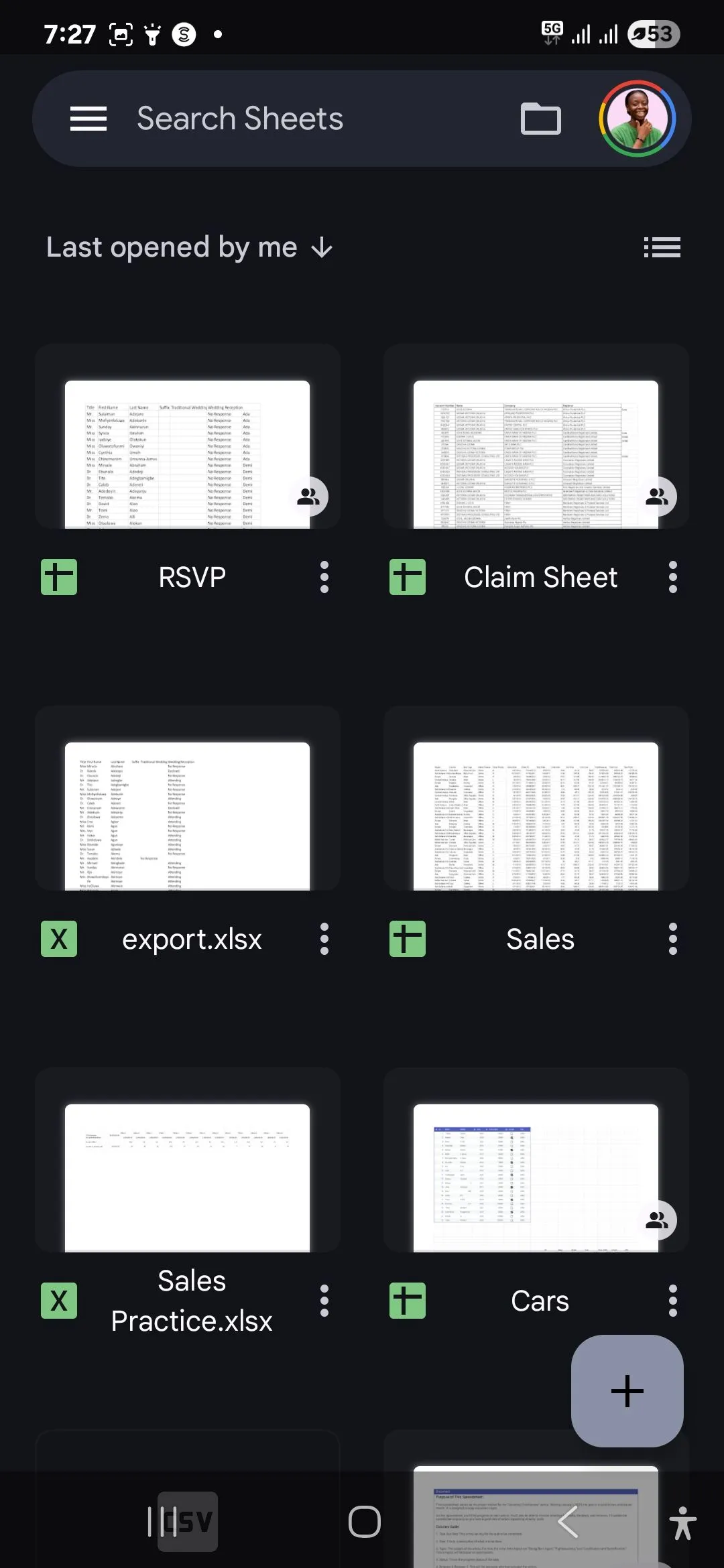 Màn hình chính của Google Sheets trên thiết bị Android, thể hiện giao diện nhất quán và quen thuộc trong hệ sinh thái Google.