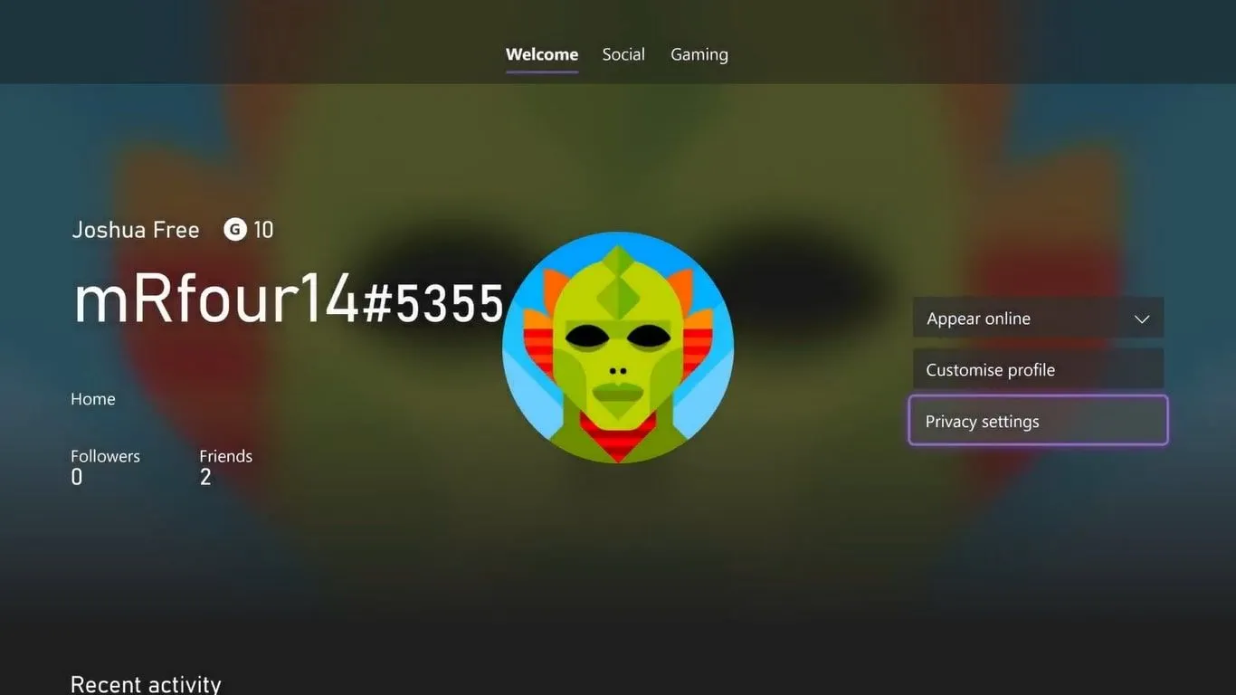 Màn hình chính của hồ sơ Xbox trên Xbox Series X, minh họa giao diện người dùng của máy chơi game