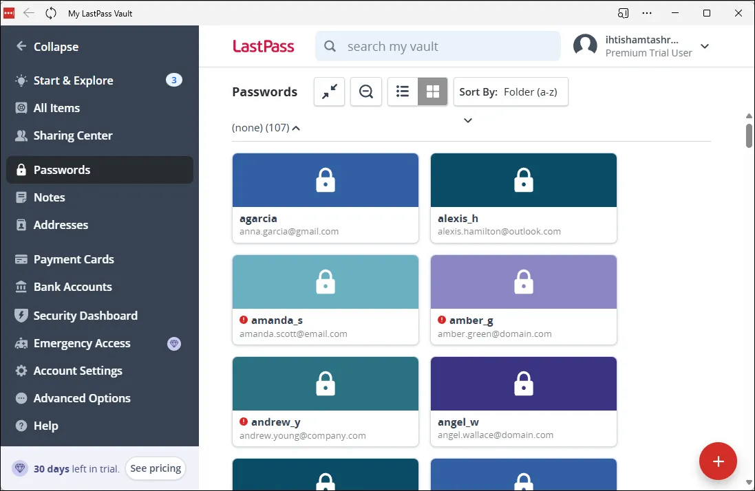 Màn hình chính của LastPass, một trình quản lý mật khẩu chuyên biệt, hiển thị các tùy chọn và tính năng nâng cao như tạo mật khẩu mạnh và kiểm tra bảo mật.