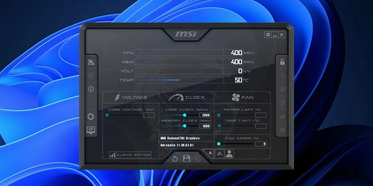 Màn hình chính của MSI Afterburner trên Windows 11, hiển thị thông số giám sát GPU và các tùy chọn ép xung để tăng hiệu suất đồ họa.