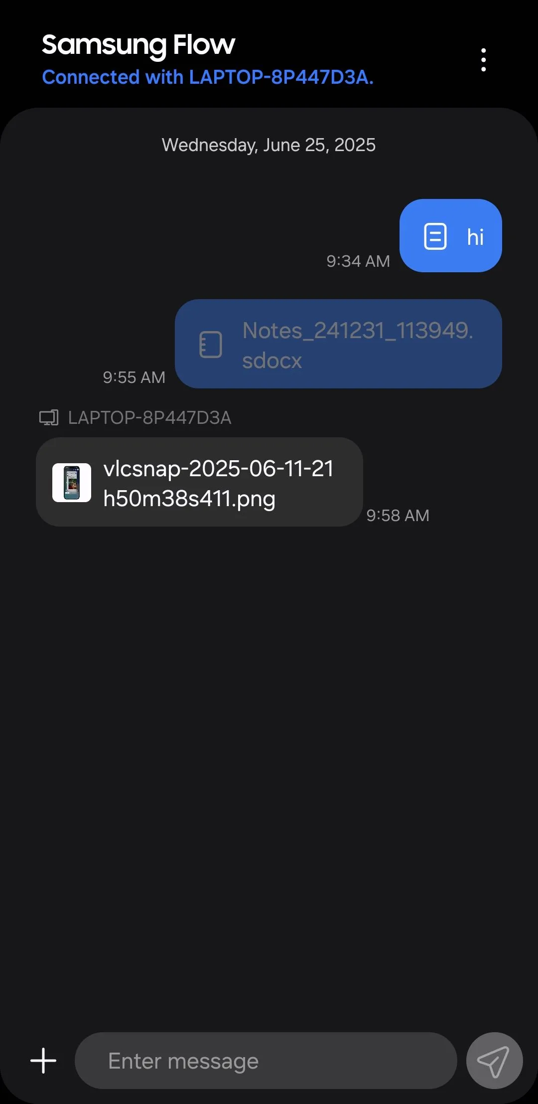 Màn hình chính của ứng dụng Samsung Flow trên điện thoại Samsung Galaxy, sẵn sàng cho việc chuyển file.