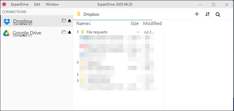 Màn hình chính ExpanDrive trên Windows 11 với cửa sổ Storage Browser hiển thị các dịch vụ đám mây được kết nối