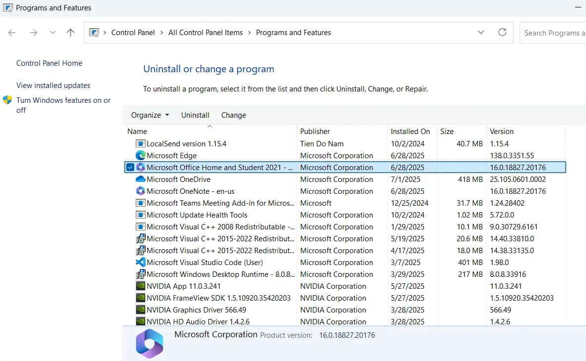 Màn hình Chương trình và Tính năng trong Windows