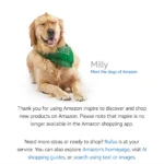 Màn hình chuyển hướng của Amazon thông báo tính năng Inspire không còn khả dụng, kèm hình ảnh chú chó Milly thân thiện