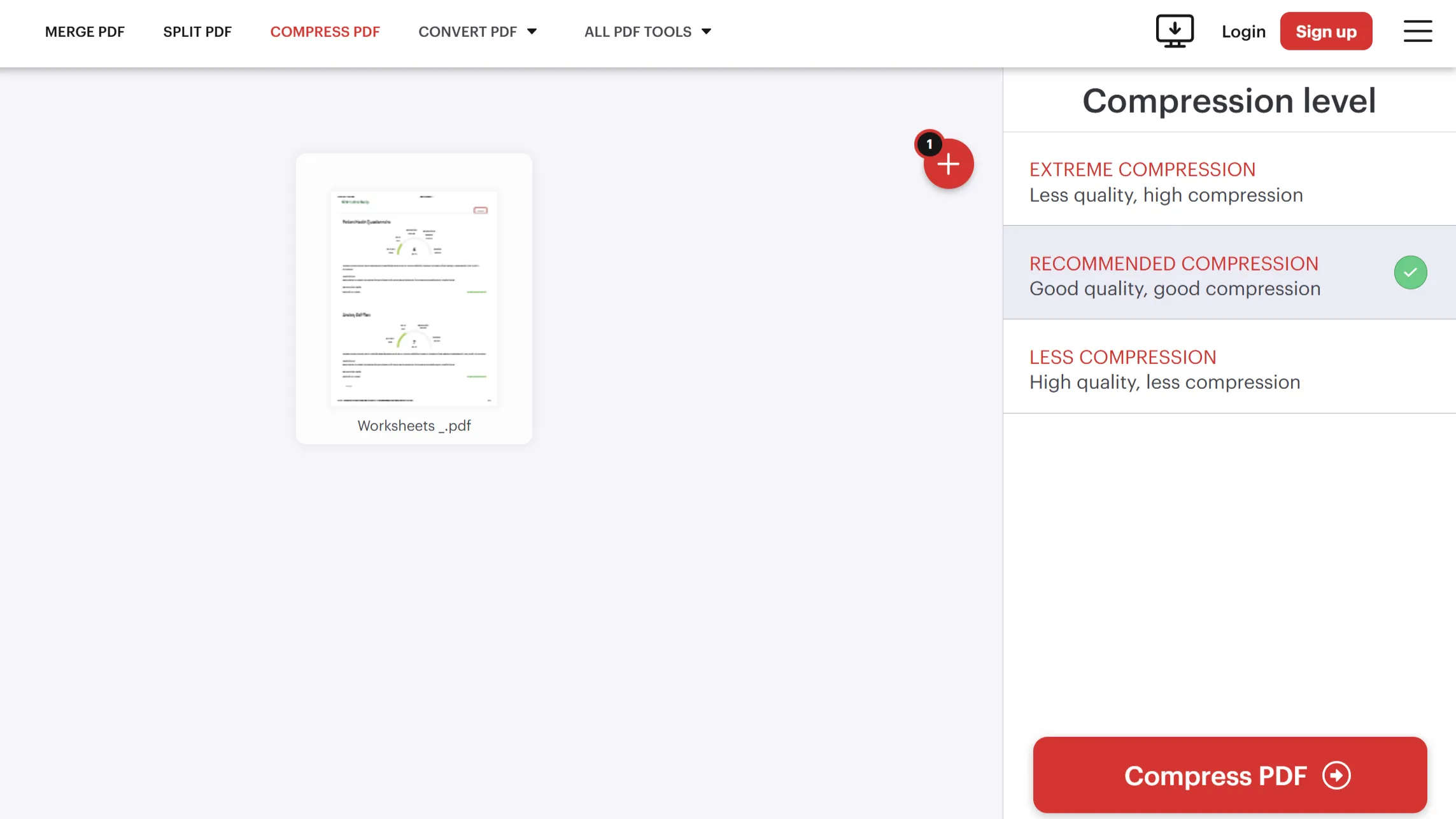 Màn hình công cụ nén PDF iLovePDF hiển thị các mức độ nén khác nhau.