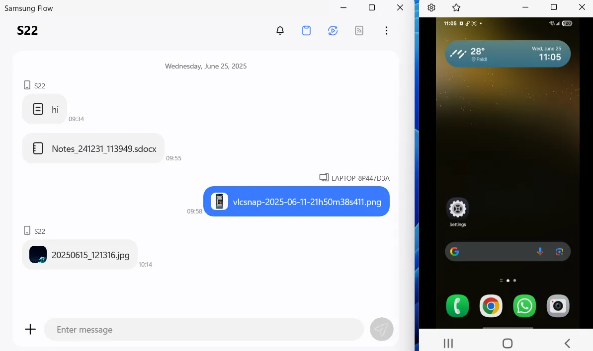 Màn hình điện thoại Galaxy được phản chiếu lên máy tính thông qua tính năng Smart View của Samsung Flow.