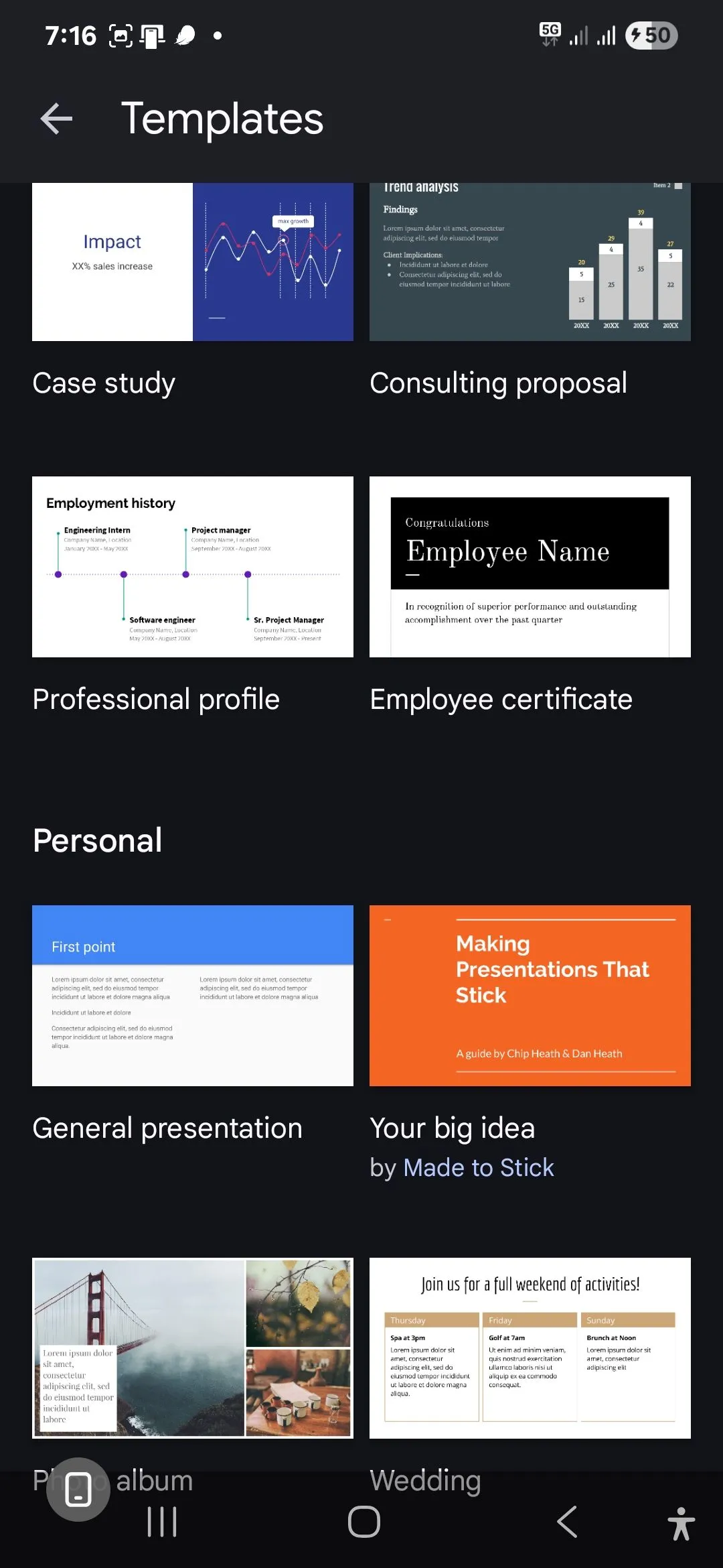 Màn hình điện thoại hiển thị các mẫu thuyết trình đa dạng trong Google Slides, giúp người dùng dễ dàng lựa chọn để bắt đầu bài thuyết trình trên di động.
