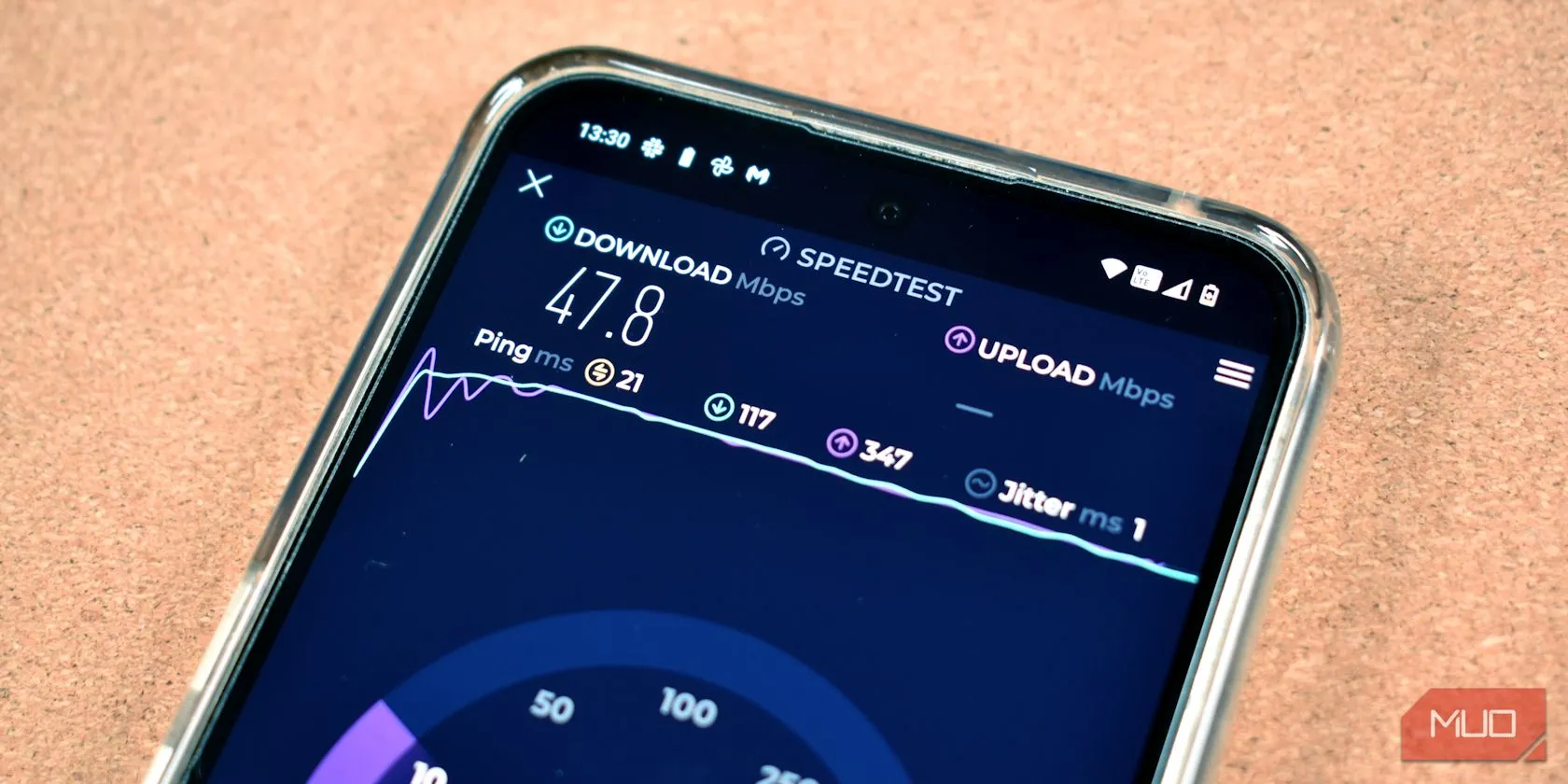 Màn hình điện thoại hiển thị ứng dụng Ookla Speedtest để kiểm tra tốc độ mạng di động