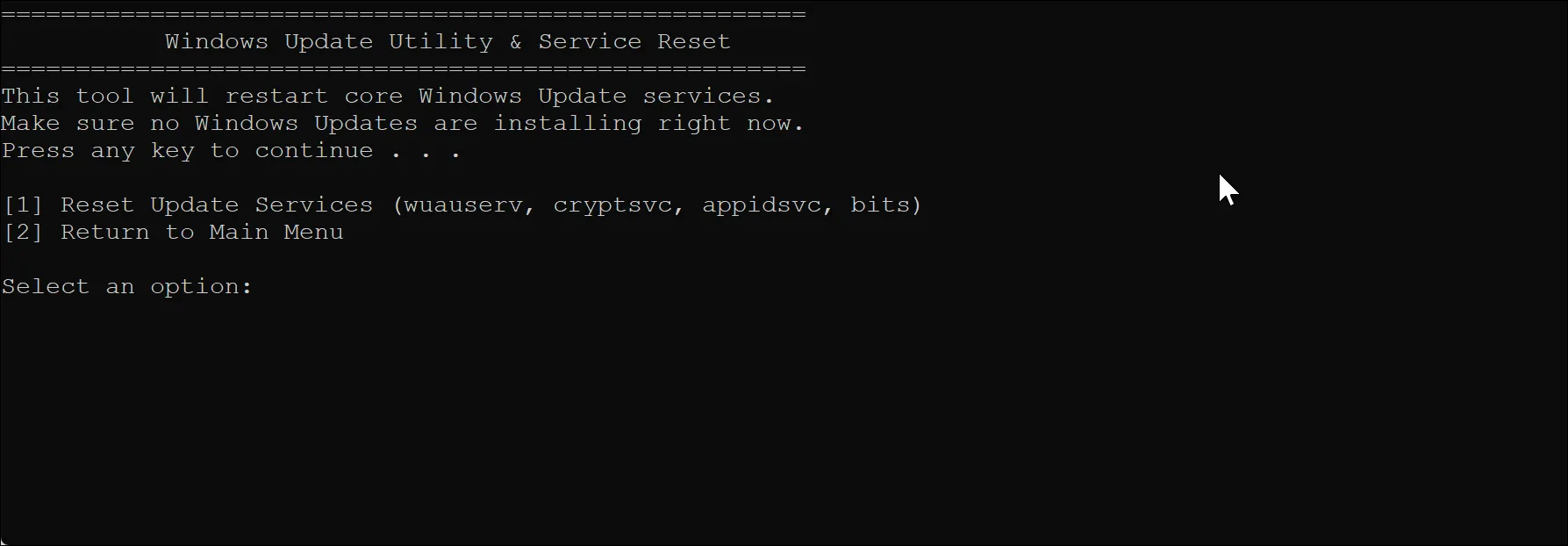 màn hình điều khiển khi chạy công cụ reset Windows Update trong Windows Maintenance Tool