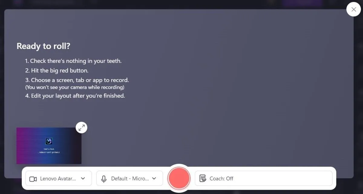 Màn hình ghi hình màn hình và webcam đồng thời của Clipchamp