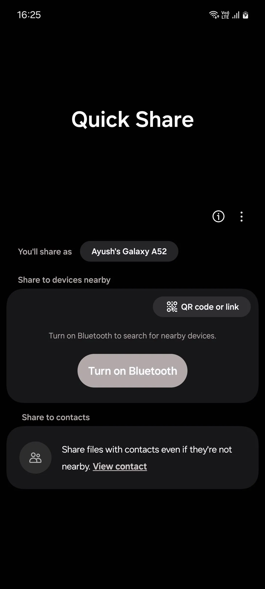 Màn hình giao diện chính của Samsung Quick Share hiển thị tùy chọn tạo mã QR và liên kết để chia sẻ file.
