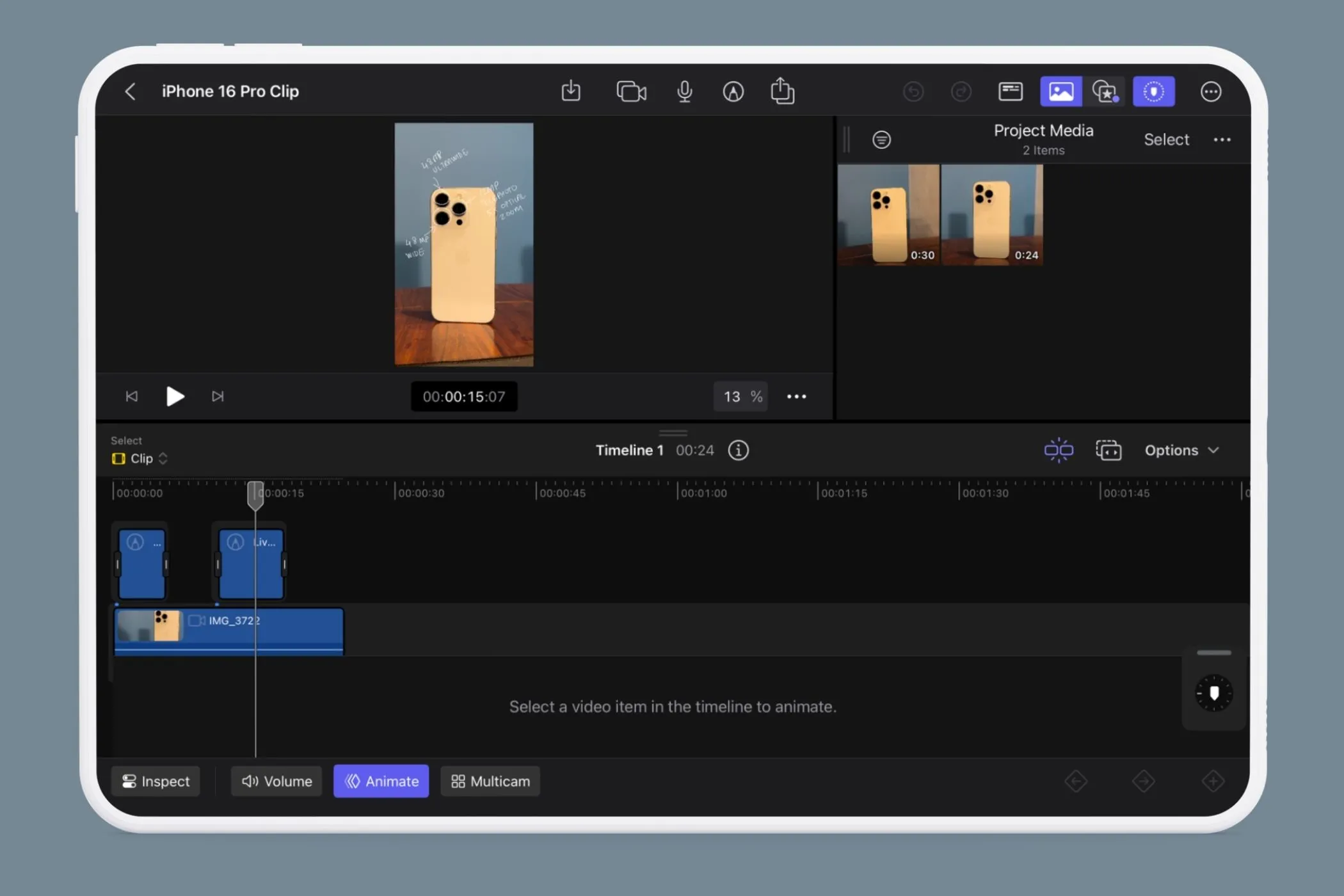 Màn hình giao diện Final Cut Pro trên iPad hiển thị timeline dự án và biểu tượng bút chì Live Drawing