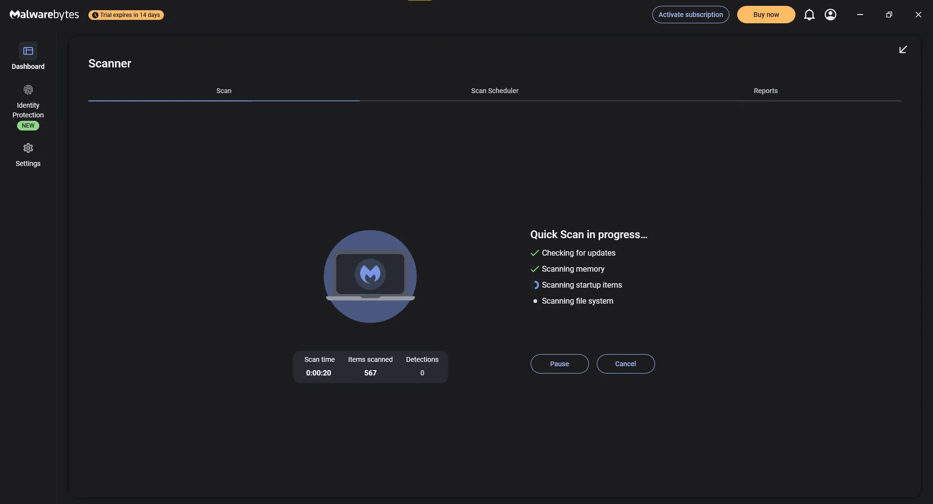 Màn hình giao diện Malwarebytes đang thực hiện quét nhanh tìm virus trên máy tính