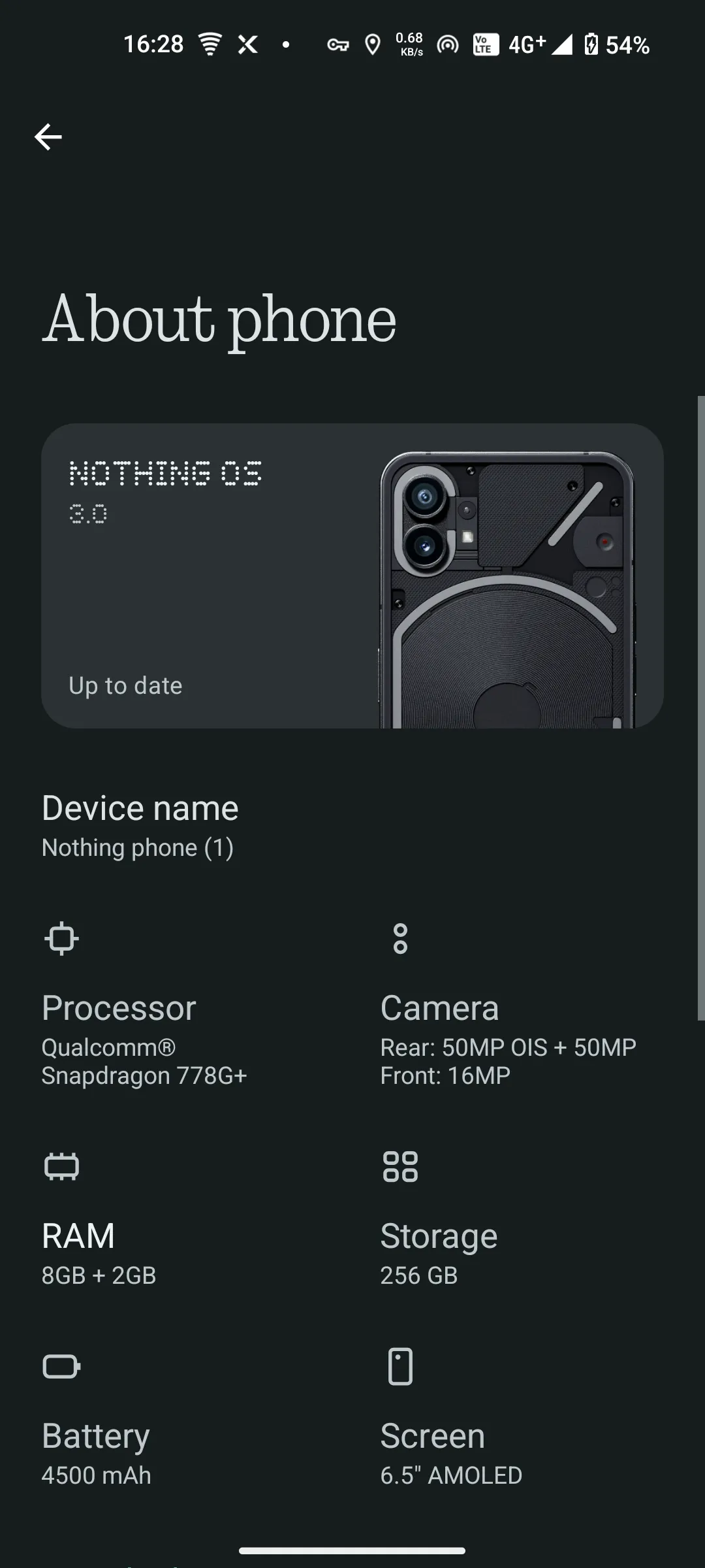 Màn hình &quot;Giới thiệu điện thoại&quot; trên Nothing Phone, hiển thị thông tin về thiết bị và tùy chọn &quot;Chi tiết thiết bị&quot; để xem cường độ sóng