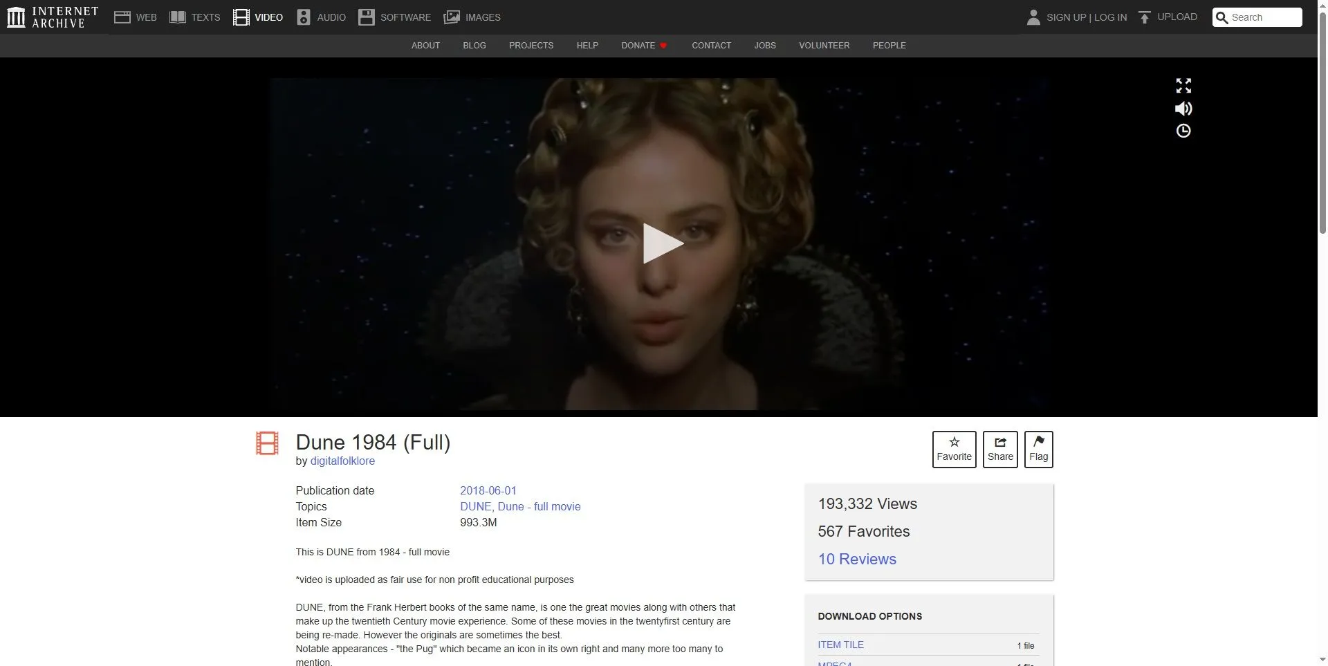 Màn hình hiển thị bộ phim Dune (1984) đang được xem trên nền tảng Internet Archive, kho phim kinh điển miễn phí