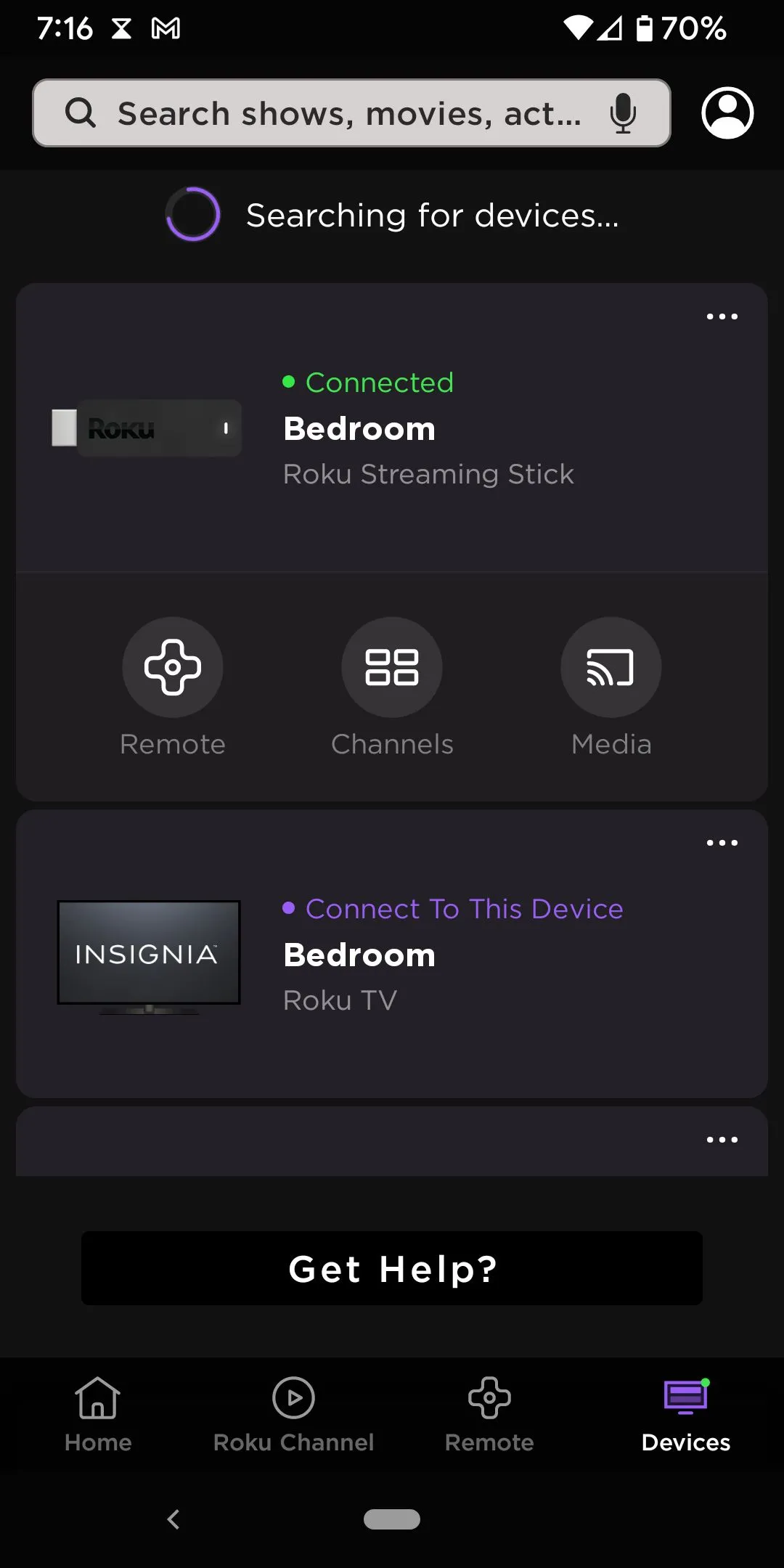 Màn hình hiển thị các thiết bị Roku trên ứng dụng Roku Official Remote