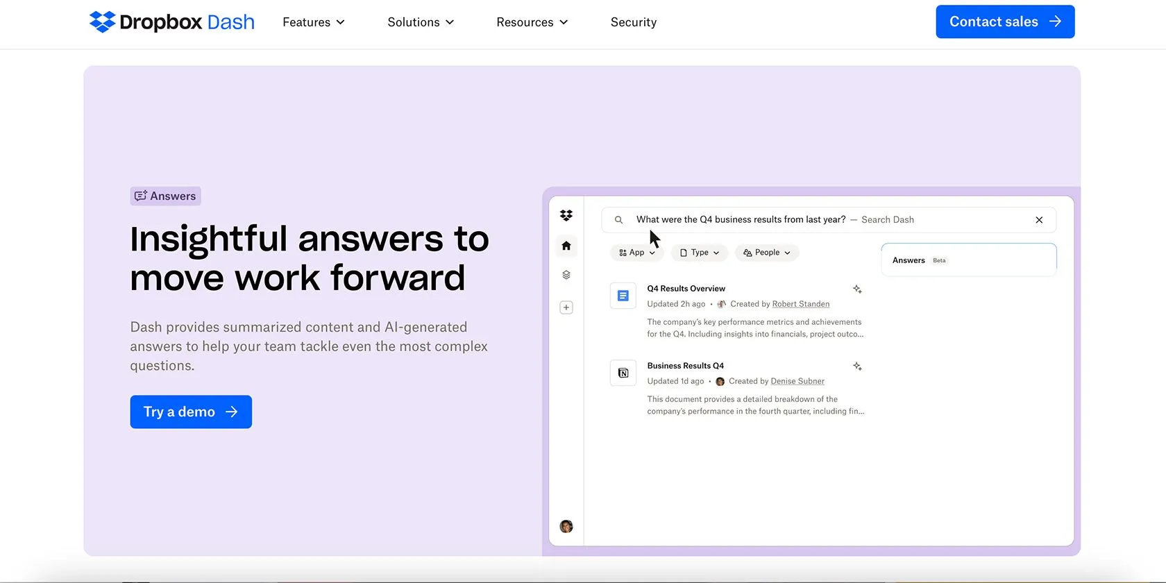 Màn hình hiển thị khả năng tóm tắt và trả lời câu hỏi của Dropbox Dash từ các tài liệu.