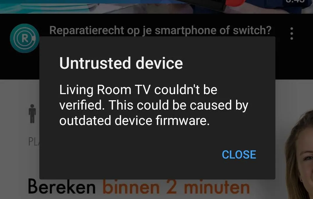 Màn hình hiển thị lỗi 'Untrusted Device' trên thiết bị Chromecast