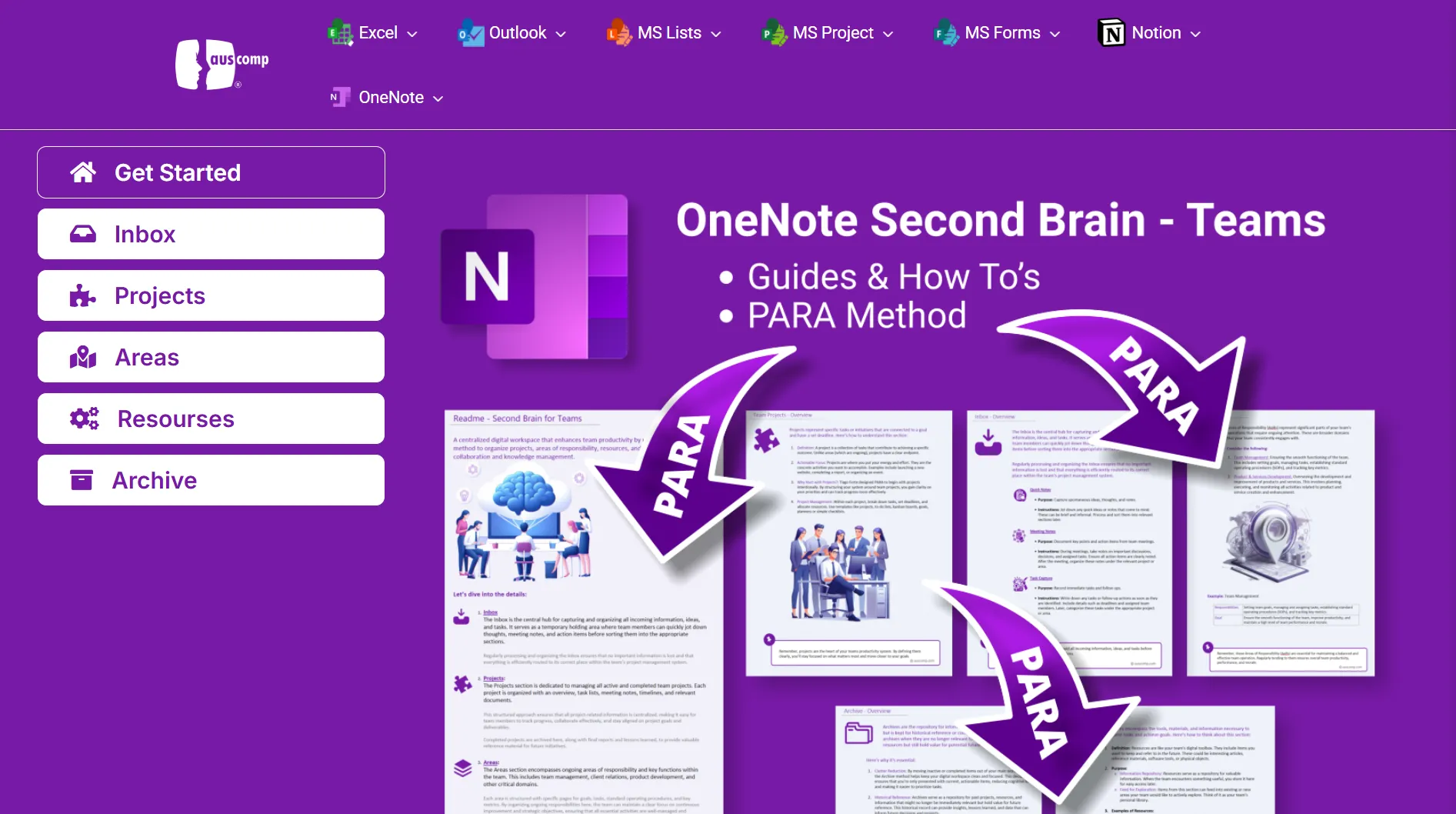 Màn hình hiển thị mẫu OneNote &quot;Second Brain&quot; từ Auscomp, giúp tổ chức thông tin hiệu quả