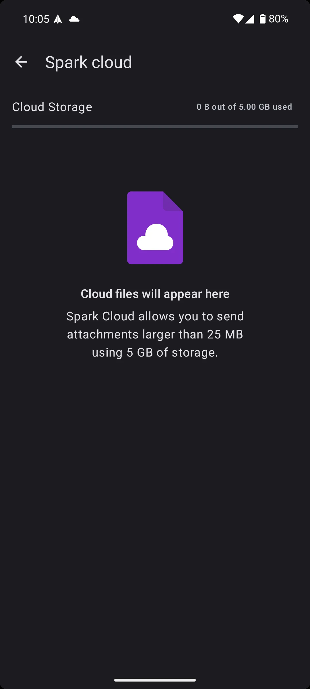 Màn hình hiển thị thông tin về Spark Cloud trong ứng dụng Spark Mail, giới thiệu dung lượng lưu trữ 5GB