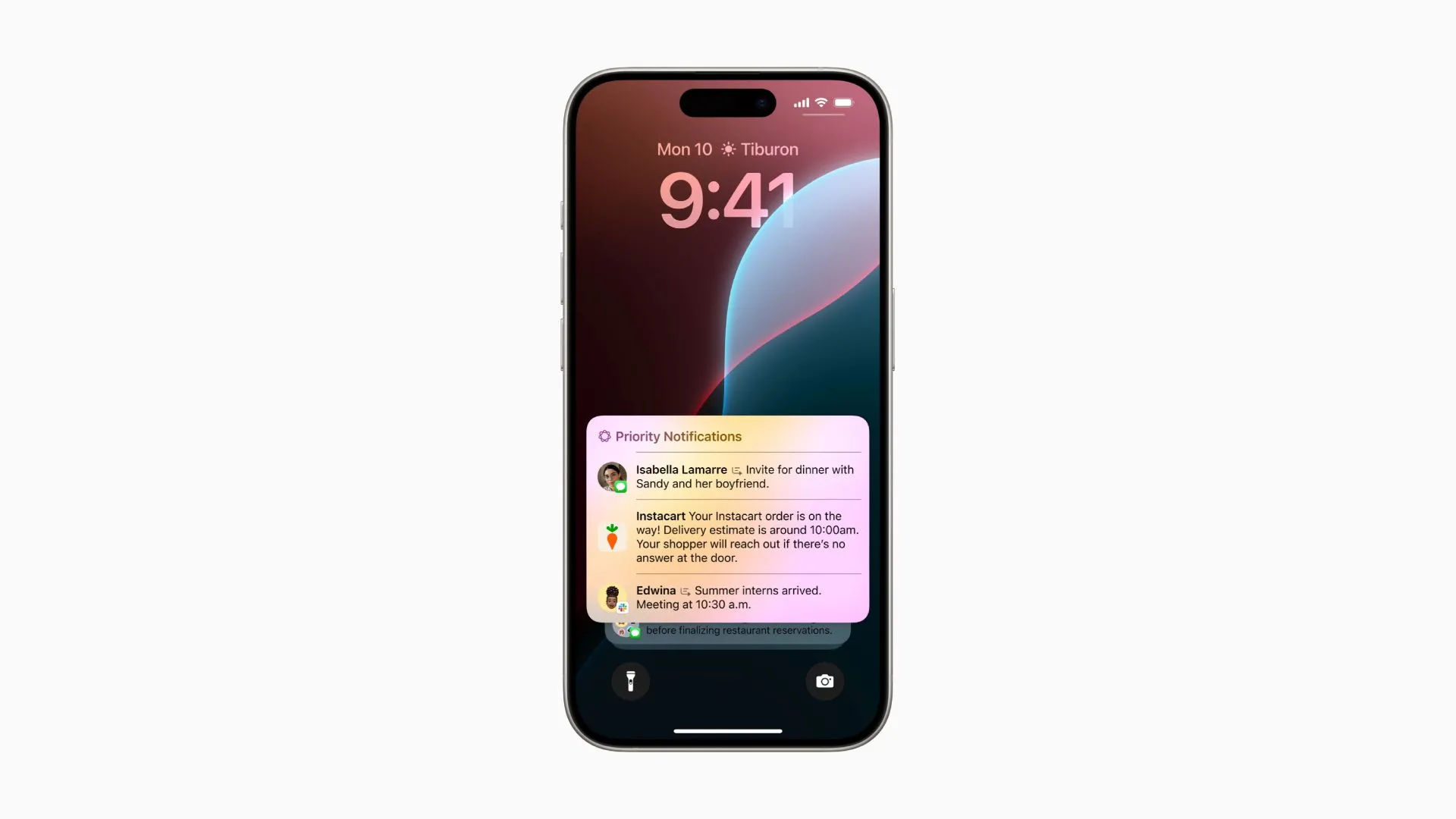 Màn hình iPhone hiển thị các thông báo và email được sắp xếp ưu tiên bởi công nghệ AI