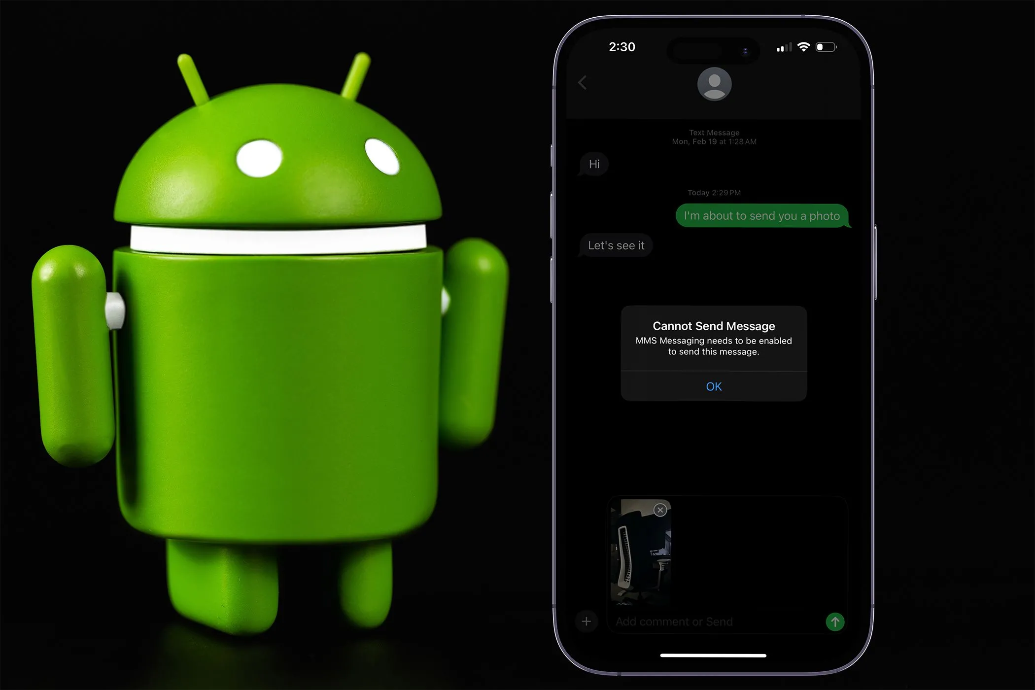 Màn hình iPhone hiển thị lỗi tin nhắn và biểu tượng Android, tượng trưng cho việc mất tin nhắn khi chuyển nền tảng