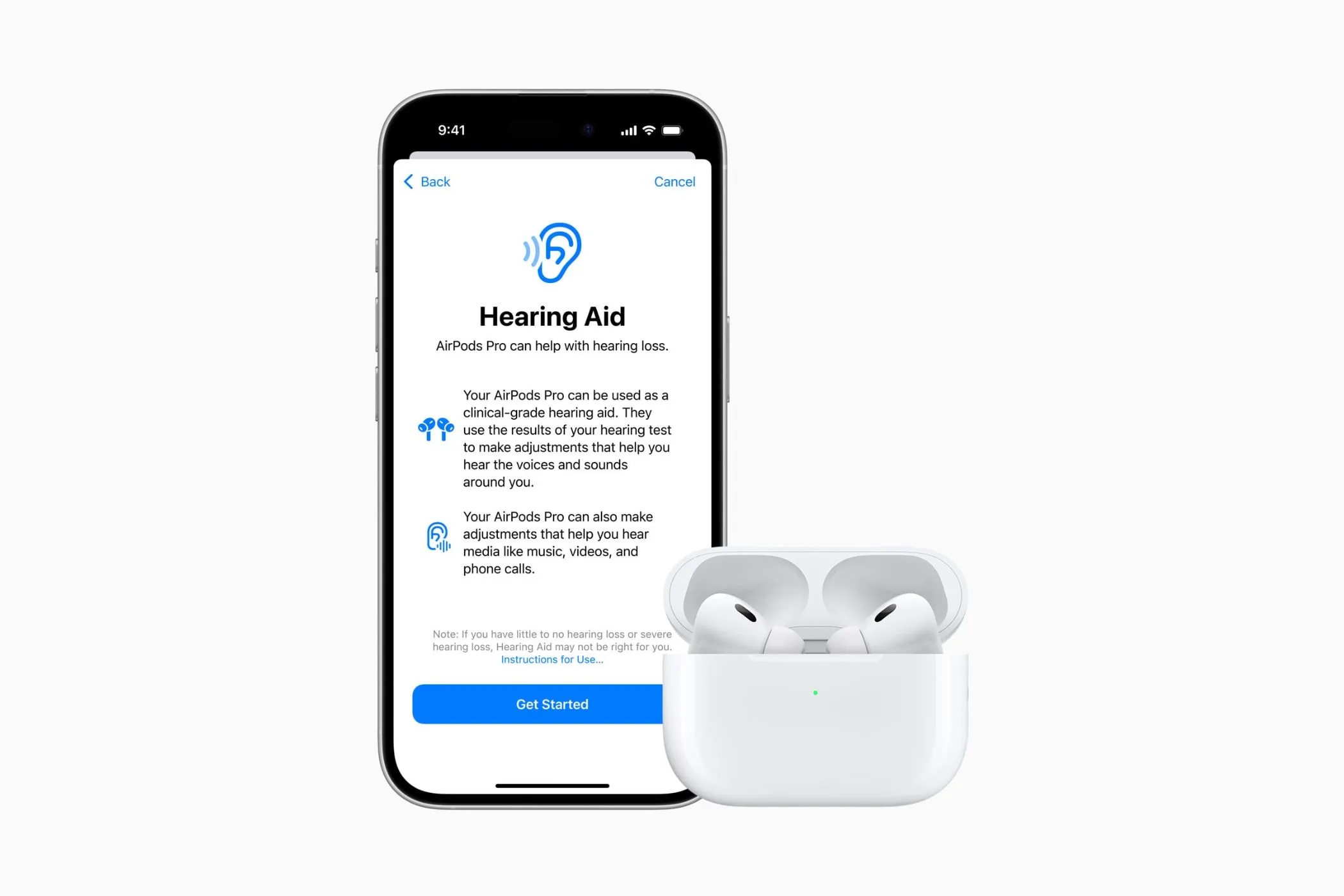 Màn hình iPhone hiển thị tính năng hỗ trợ thính giác của AirPods Pro 2, minh họa khả năng tai nghe hoạt động như một thiết bị trợ thính.
