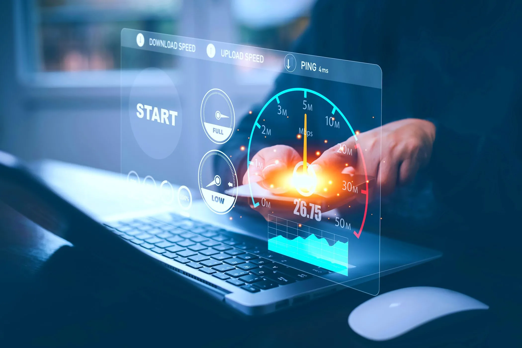 Màn hình laptop hiển thị kết quả kiểm tra tốc độ internet băng thông rộng, minh họa sự biến động tốc độ kết nối 5G.