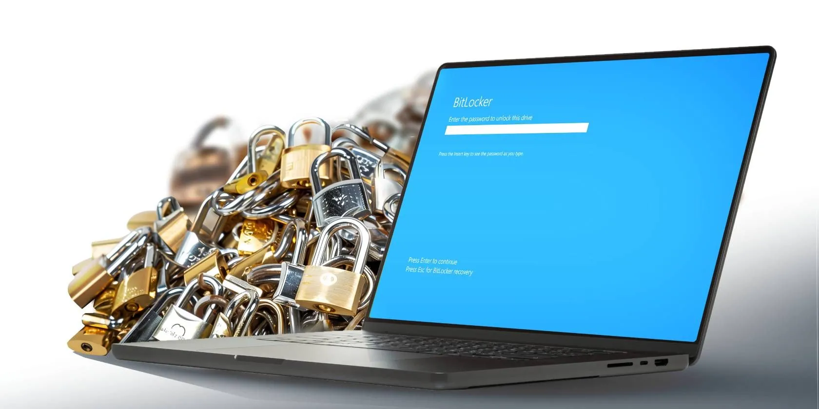 Màn hình laptop hiển thị ô nhập mật khẩu BitLocker và biểu tượng ổ khóa bảo mật dữ liệu.