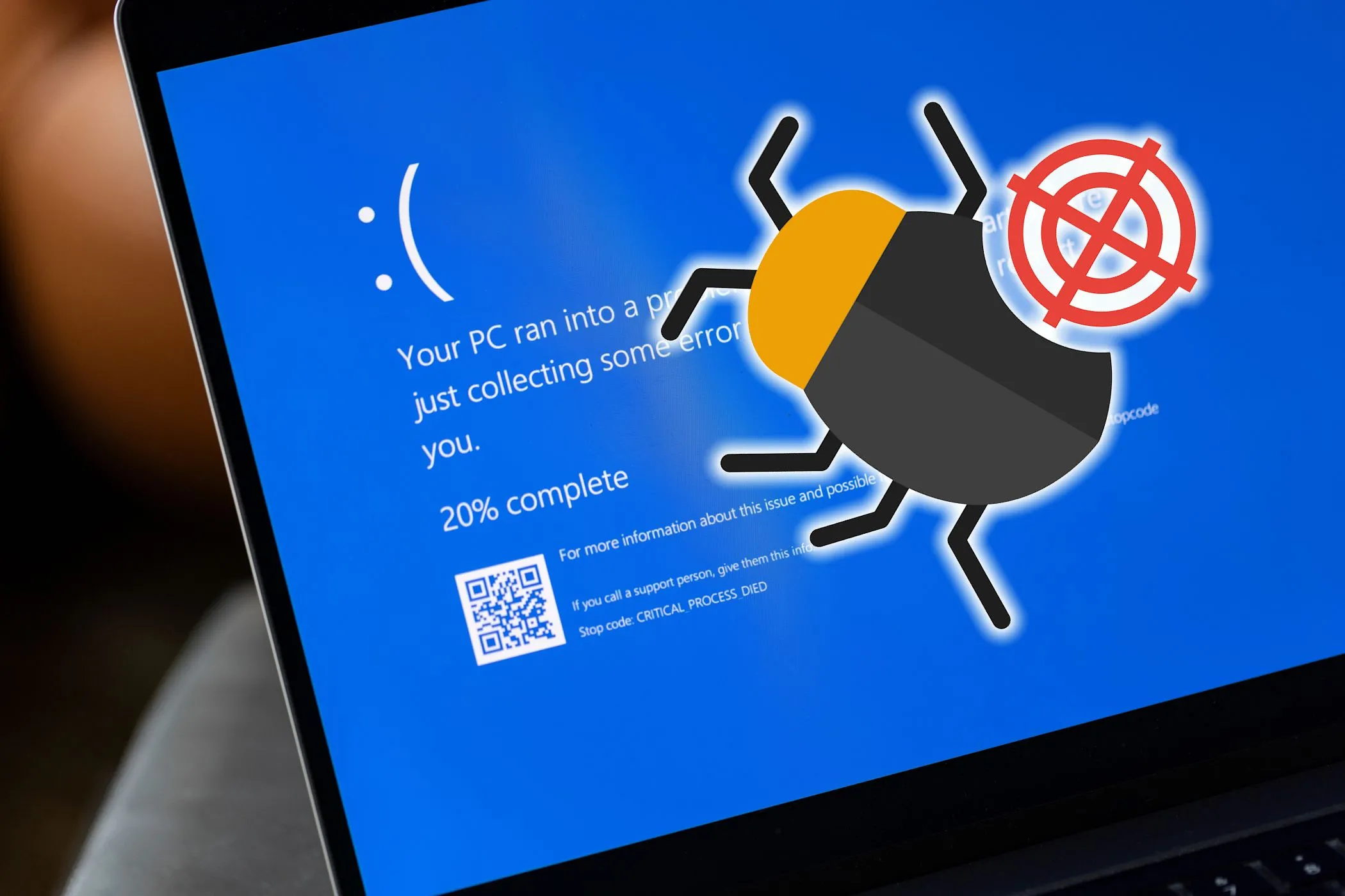 Màn hình lỗi Windows hiển thị thông báo lỗi hệ thống với biểu tượng con bọ (bug)