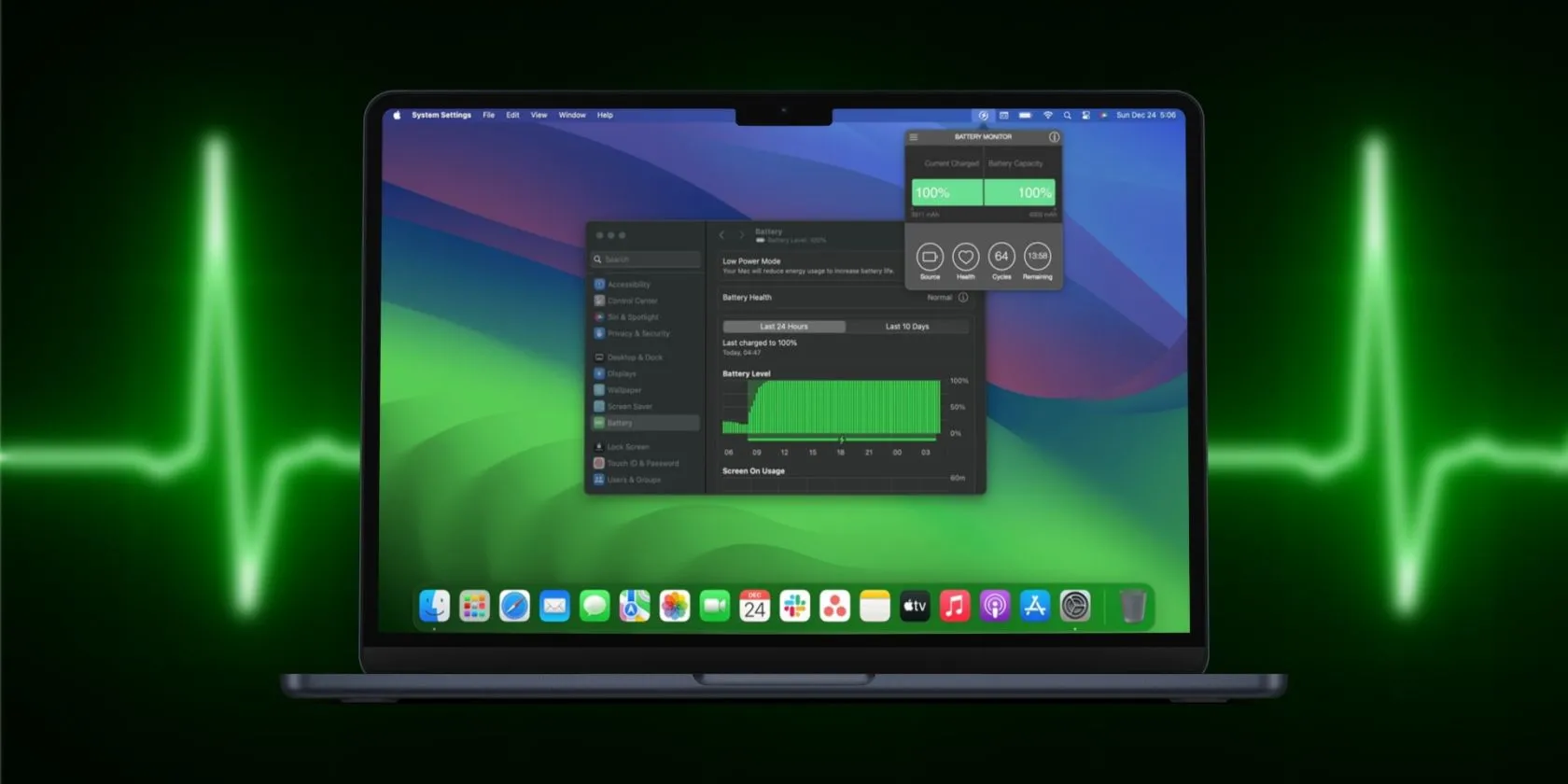 Màn hình MacBook hiển thị trạng thái pin và cài đặt hệ thống, minh họa thời lượng pin ấn tượng