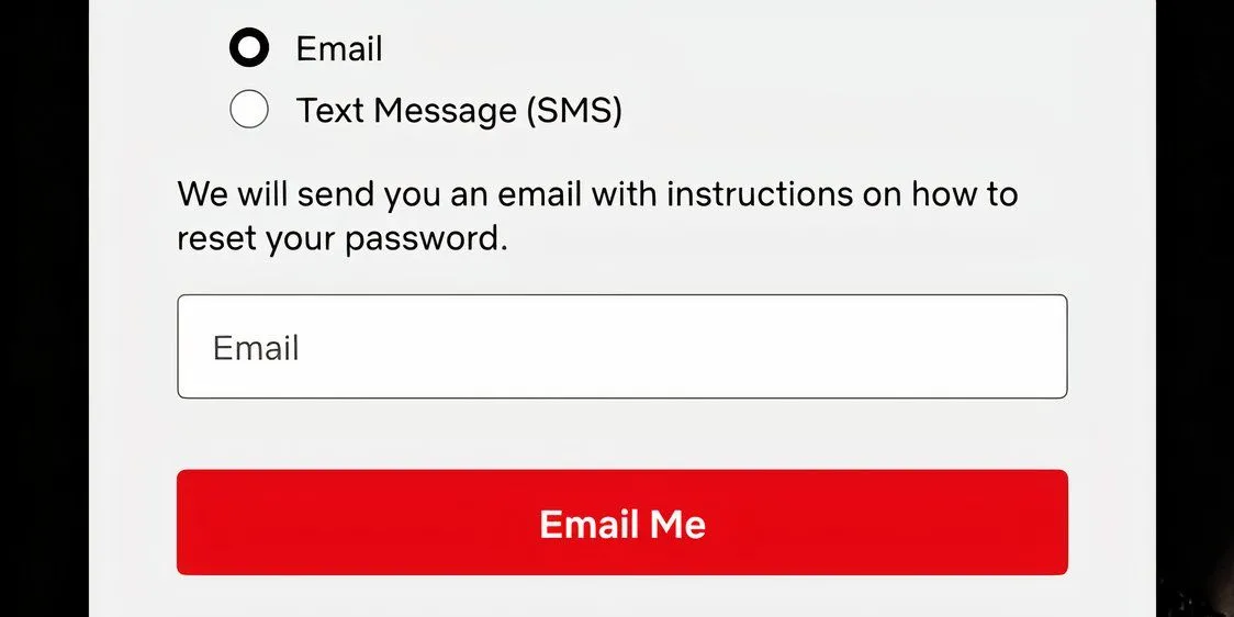 Màn hình Netflix yêu cầu nhập email để gửi liên kết khôi phục mật khẩu