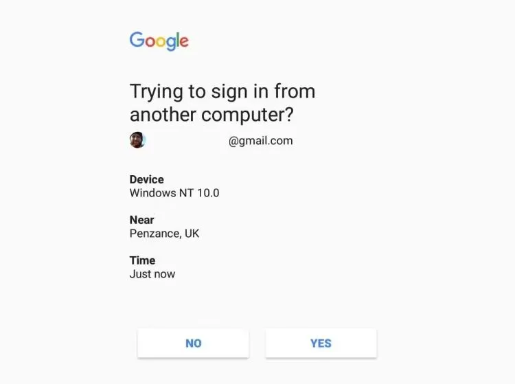 Màn hình nhắc nhở xác thực 2FA của Google trên thiết bị thứ hai