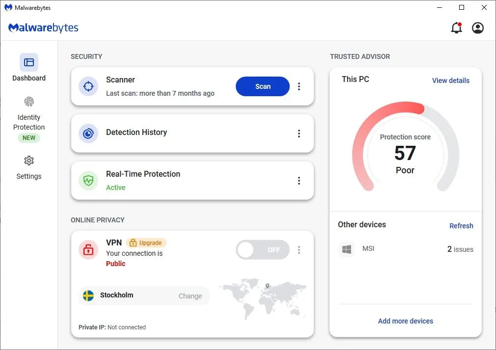 Màn hình phần mềm Malwarebytes đang thực hiện quét toàn bộ hệ thống để tìm phần mềm độc hại