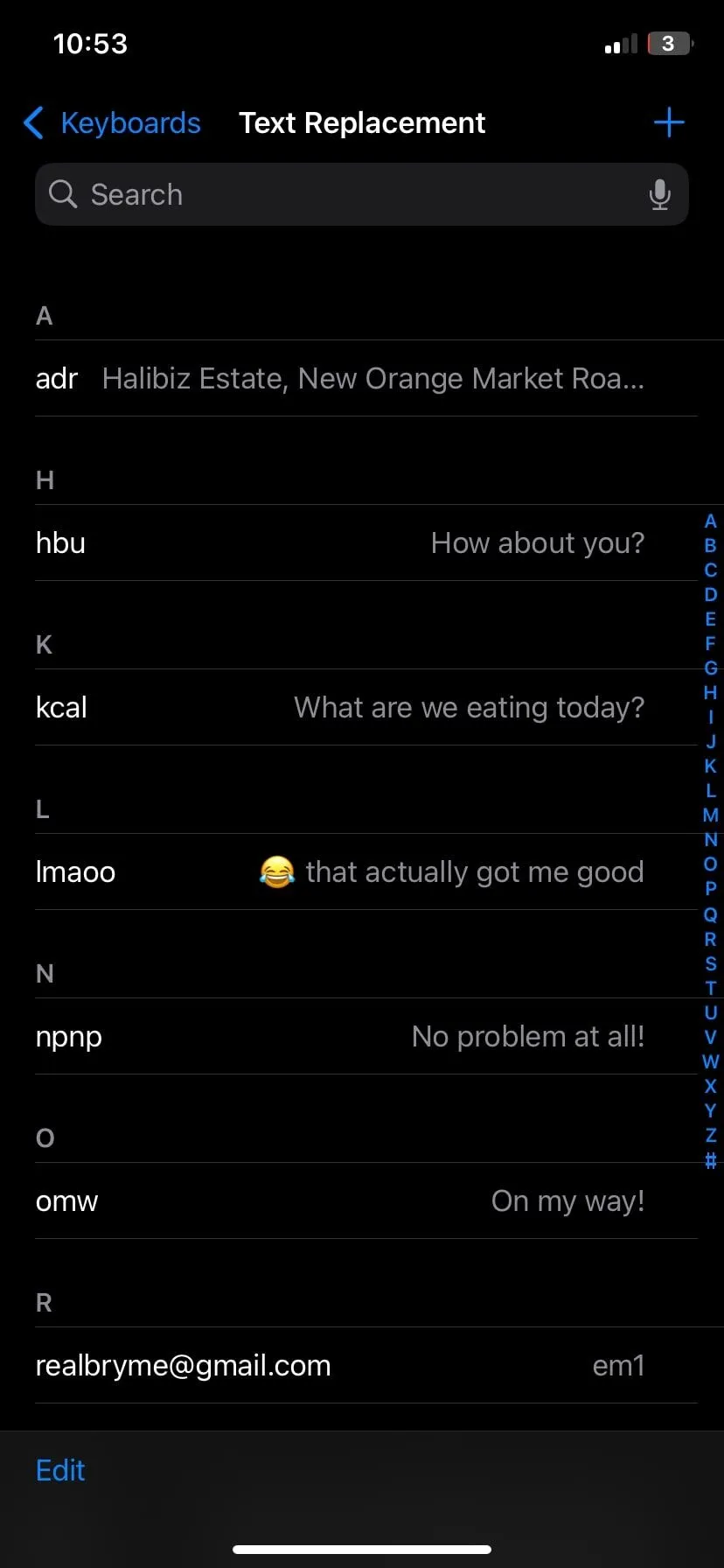 Màn hình quản lý các phím tắt thay thế văn bản đã tạo trên iPhone