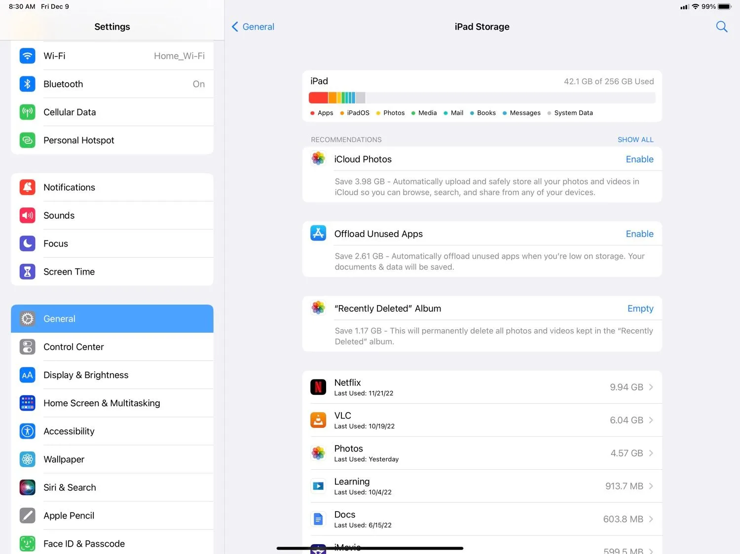 Màn hình quản lý dung lượng lưu trữ hiển thị tình trạng bộ nhớ đầy trên iPad