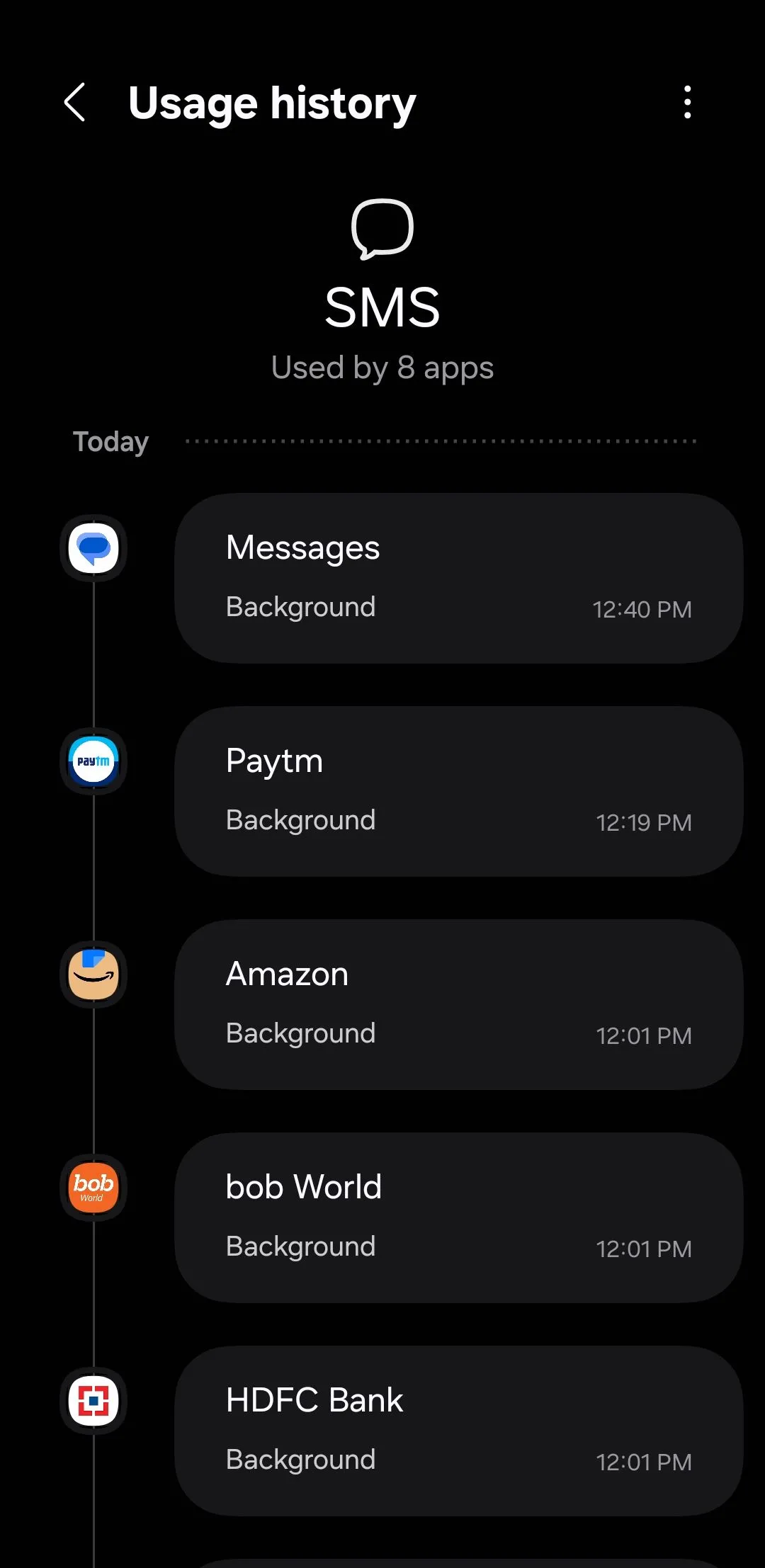 Màn hình quản lý quyền sử dụng SMS của ứng dụng trên điện thoại Samsung Galaxy