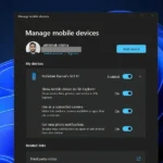 Màn hình quản lý thiết bị di động trong Cài đặt Windows 11 hiển thị điện thoại Android đã kết nối